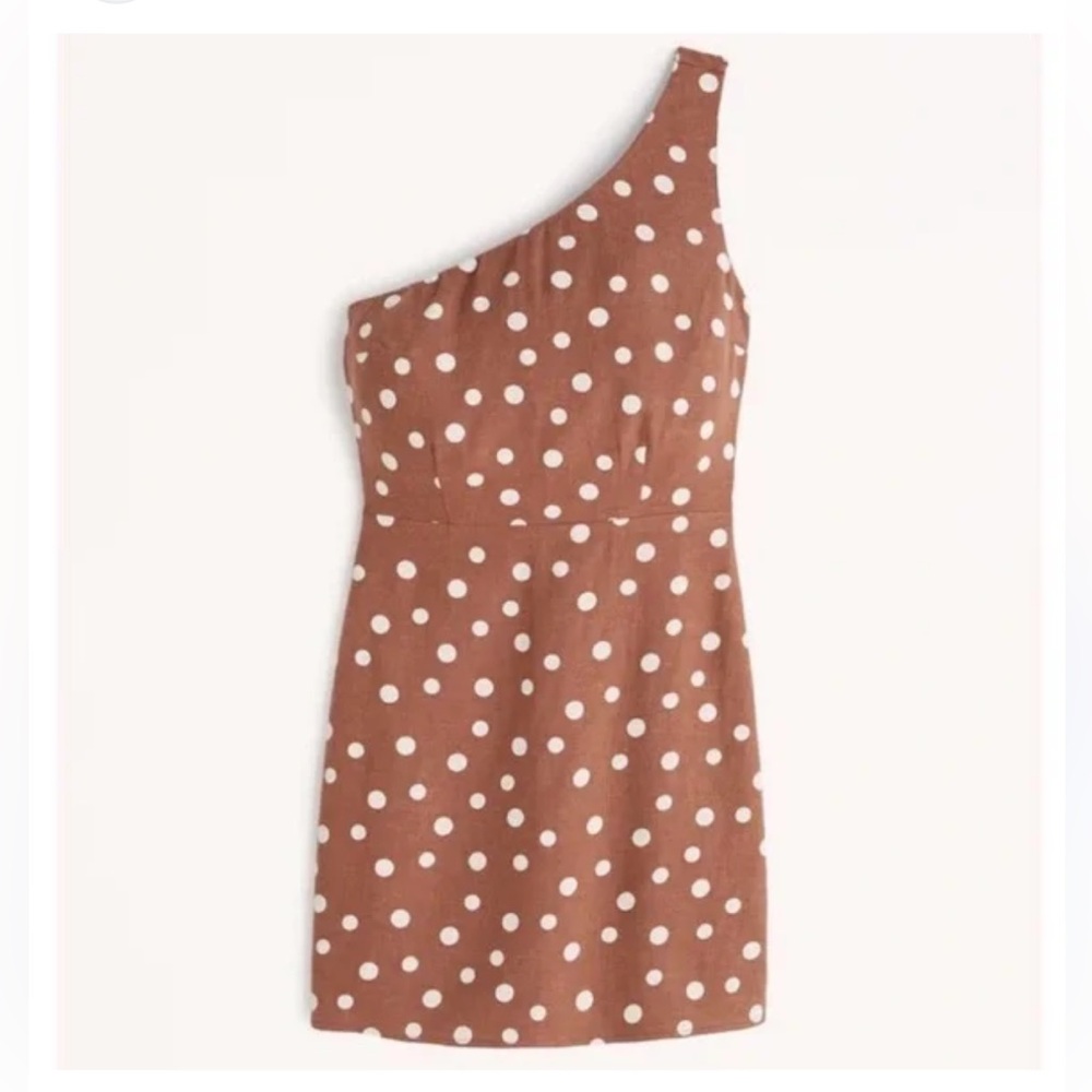 🆕 Abercrombie Linen One Shoulder Brown and White Dot Mini Dress